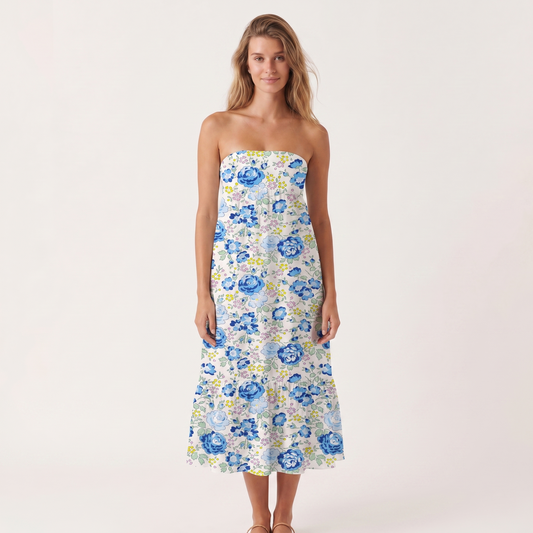 Blue Rose Floral Print Convertible Maxi Skirt & Strapless Dress