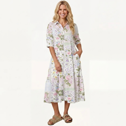 V Neck Collared Pastel Rose Casual Midi Dress With Pockets