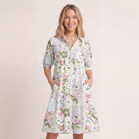 V Neck Collared Pastel Rose Mini Dress For Women With Pockets