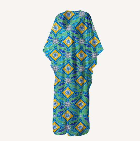 V‑Neck Azure Tile Kimono Sleeve Kaftan Dress