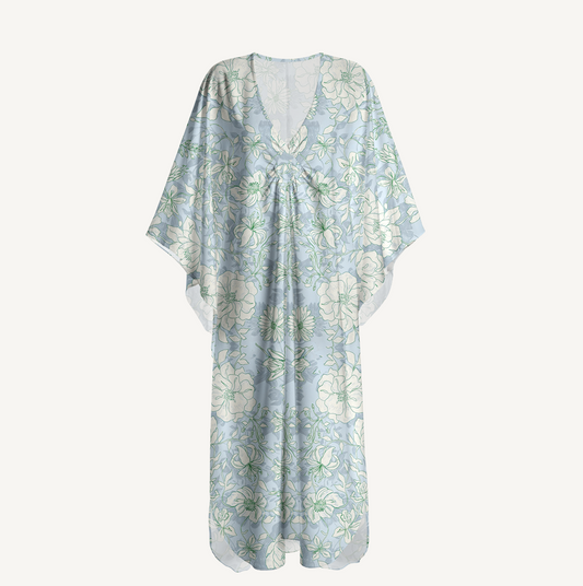 V‑Neck Mist Floral Kimono Sleeve Kaftan Dress