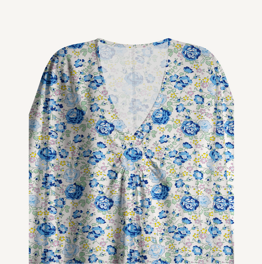 V‑Neck Blue Rose Floral Kimono Sleeve Kaftan Dress