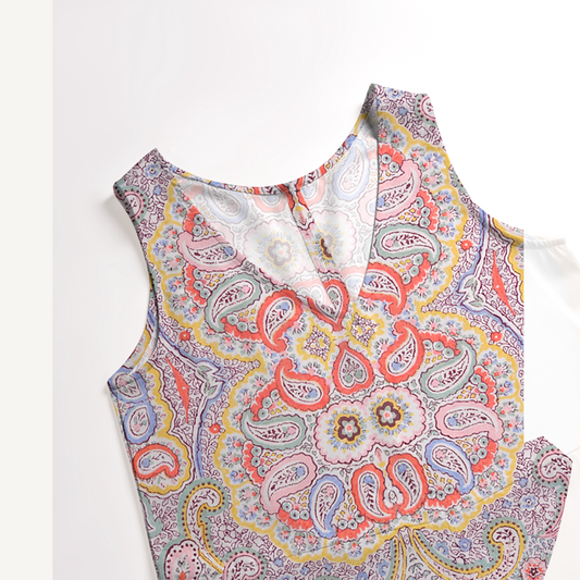 V-Neck Sunrise Paisley Boho Jumpsuit with Pockets for Women