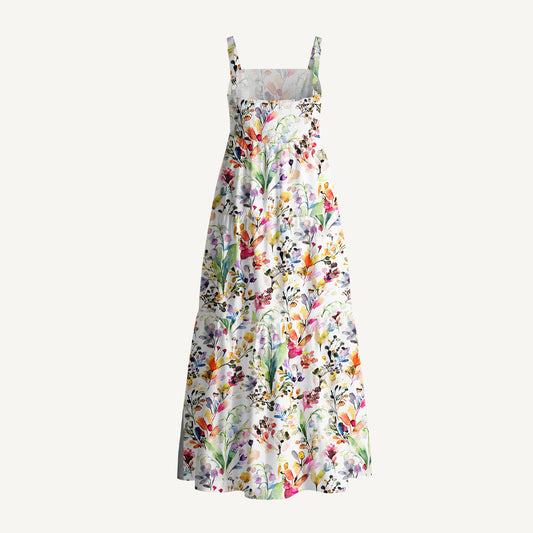 Watercolor Wildflower Garden Print Cotton Wide Straps Maxi Dress With Pockets