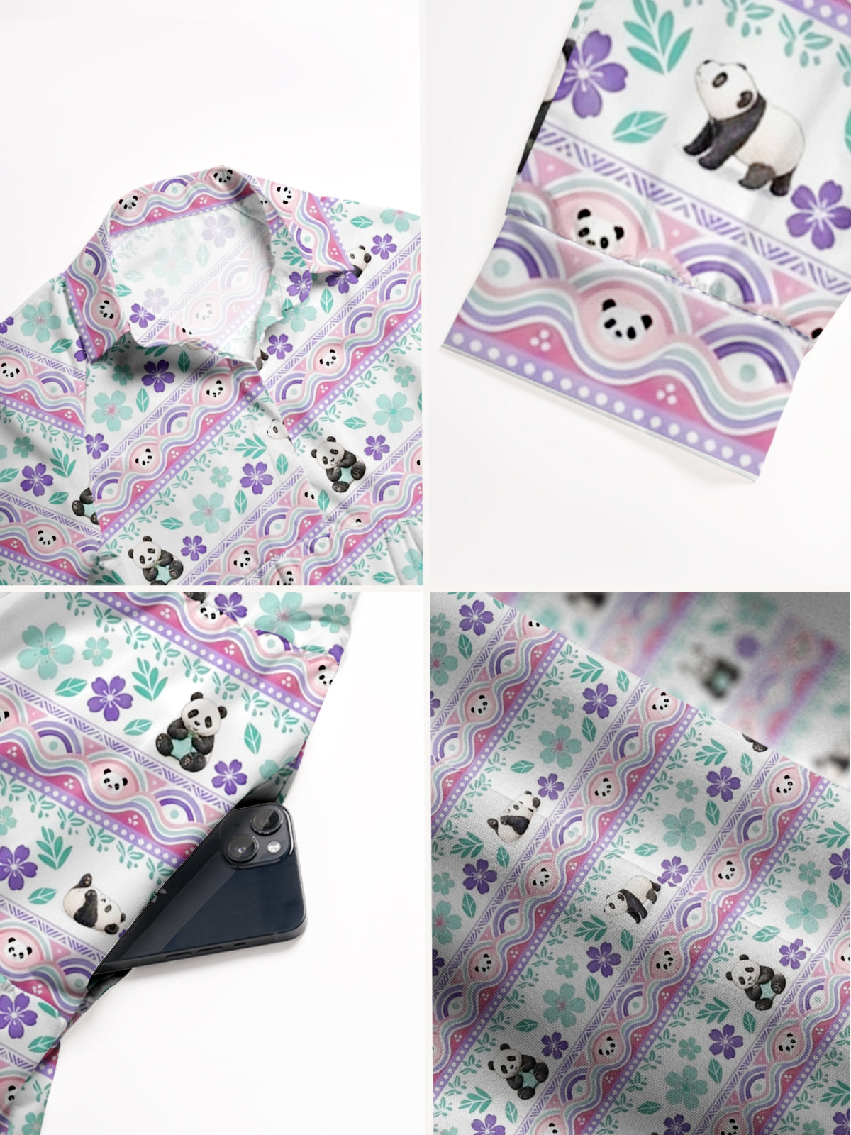 V Neck Collared Panda Carnival Story Print Casual Midi Dress With Pockets