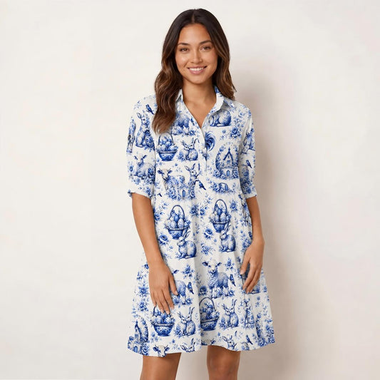 V Neck Collared Delft Farm Print Mini Dress For Women With Pockets