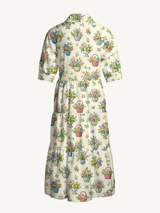 V Neck Collared Garden Baskets Print Casual Midi Dress With Pockets