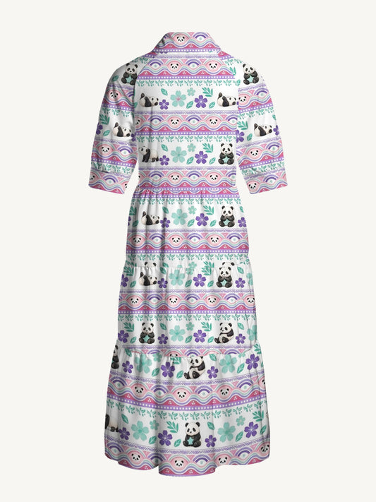 V Neck Collared Panda Carnival Story Print Casual Midi Dress With Pockets