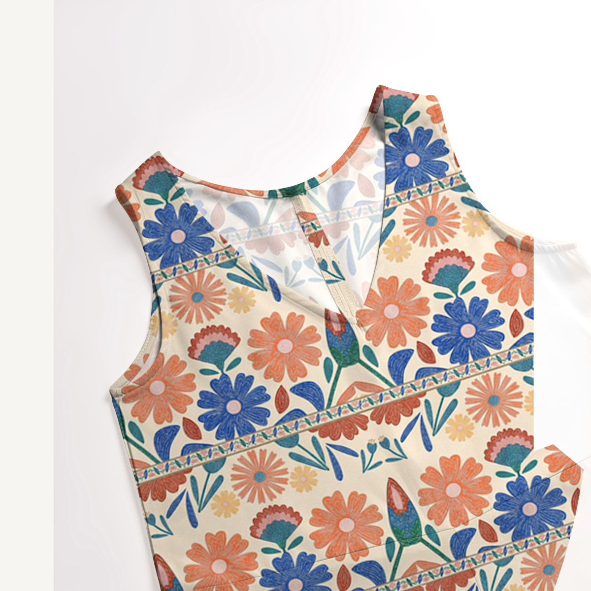 V-Neck Bohemian Folk Floral Stripe Jumpsuit with Pockets for Women
