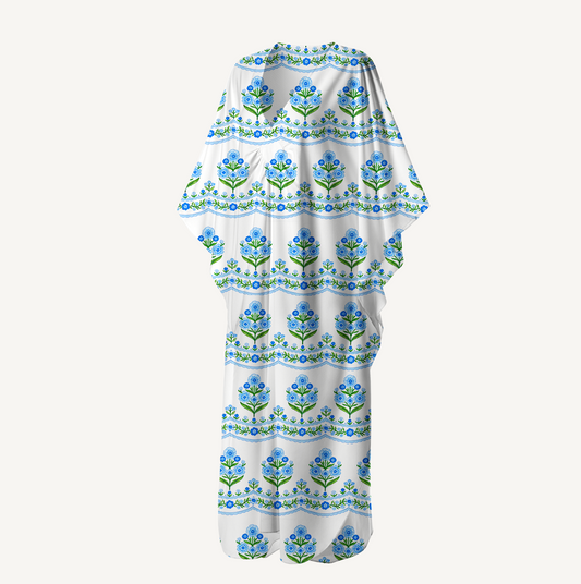 V‑Neck Azure Folk Kimono Sleeve Kaftan Dress