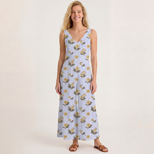 V-Neck Blue Marigold Boho Jumpsuit with Pockets for Women