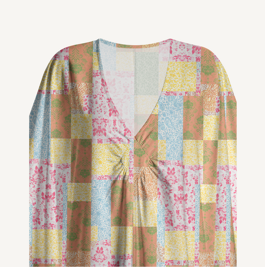V‑Neck Morning Patch Kimono Sleeve Kaftan Dress