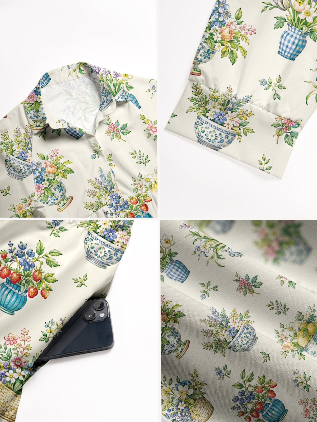 V Neck Collared Garden Baskets Print Casual Midi Dress With Pockets