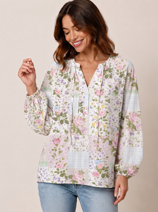Pastel Rose Patchwok Print Boho Long Sleeve Tie‑Neck Blouse