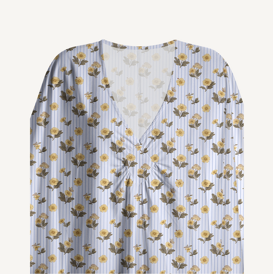 V‑Neck Blue Marigold Kimono Sleeve Kaftan Dress