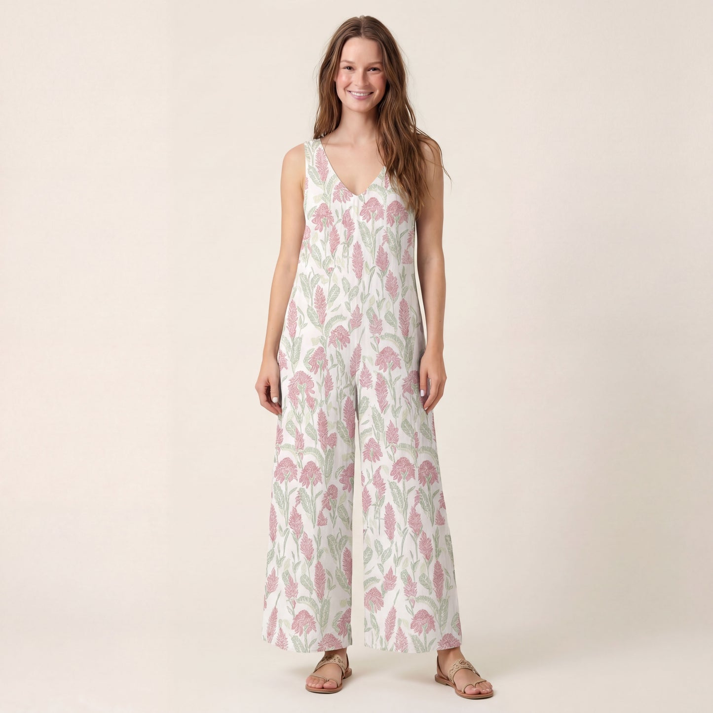 V-Neck Wild Feather Whisper Boho Jumpsuit with Pockets for Women