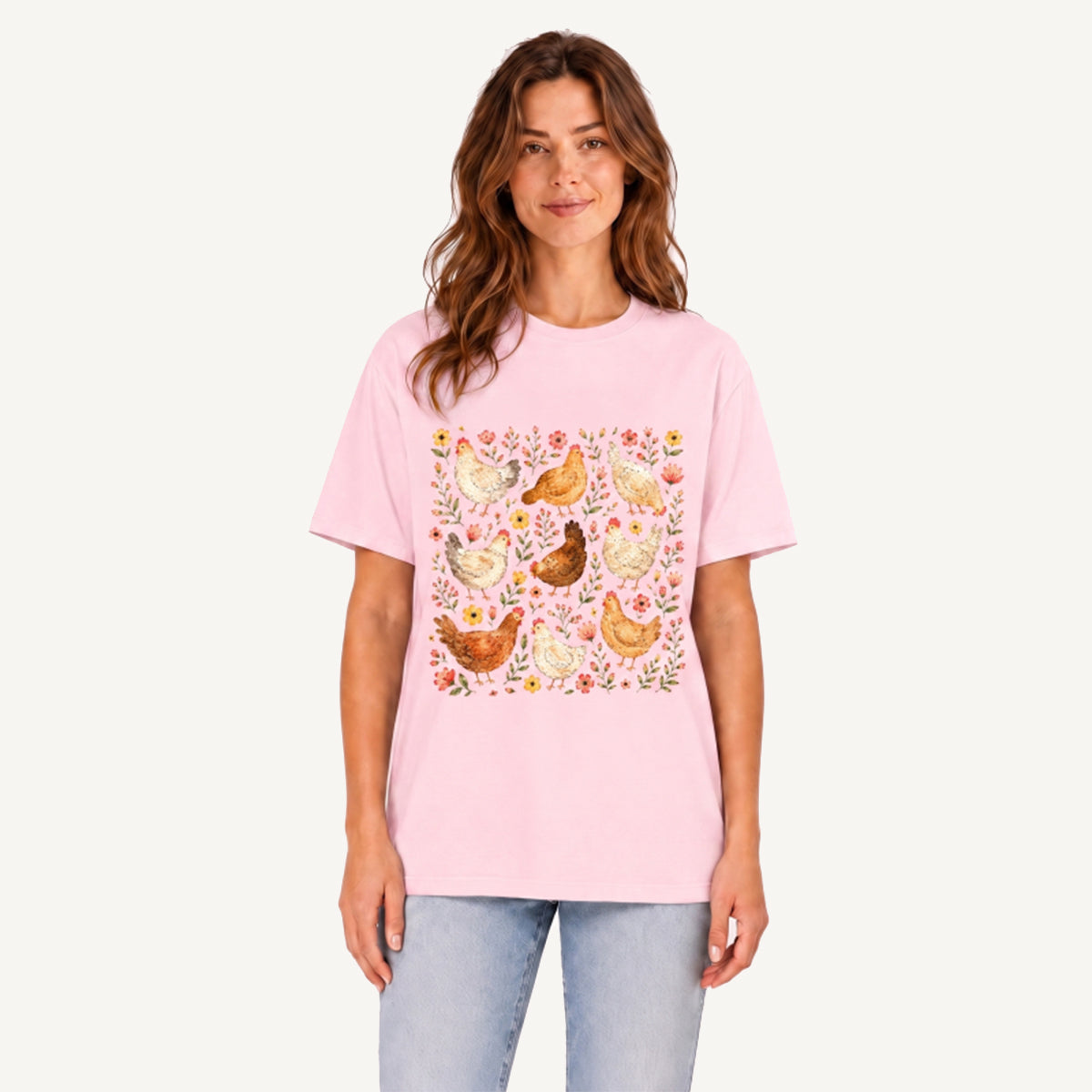 Country Chicken Wildflower Garden Print Crew Neck Cotton Tee