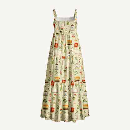Tea Flowers and Books Print Wide Straps Maxi Dress With Pockets