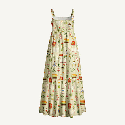 Tea Flowers and Books Print Wide Straps Maxi Dress With Pockets
