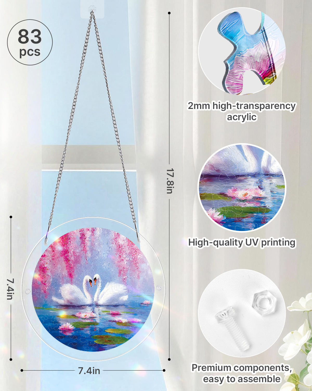 Swans in Blossom Lake - Acrylic Window Suncatcher