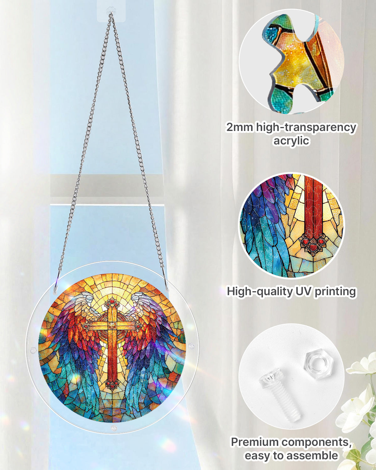 Rainbow Angel Cross - Acrylic Window Suncatcher