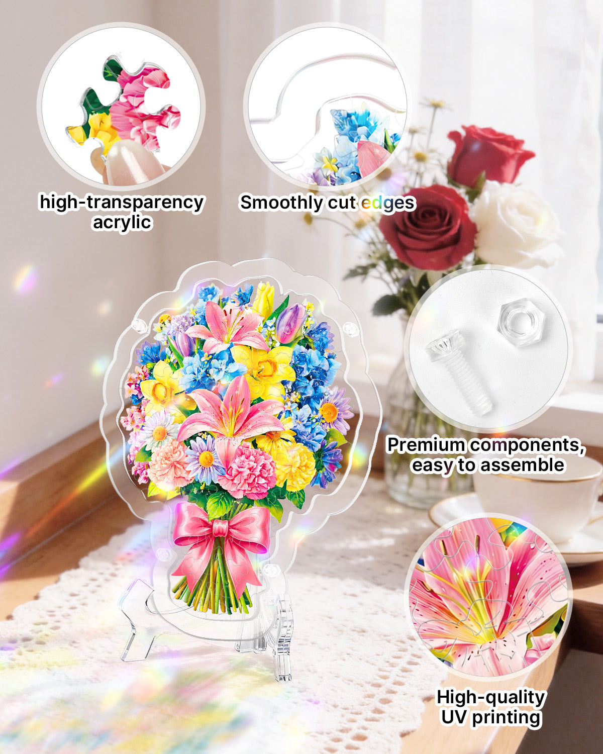 Acrylic Tabletop Pink Lily Daffodil Bouquet - Acrylic Window Suncatcher