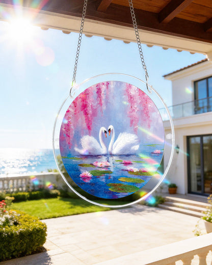 Swans in Blossom Lake - Acrylic Window Suncatcher