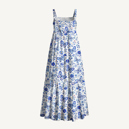 Delft Blue Butterfly Floral Print Wide Straps Maxi Dress With Pockets