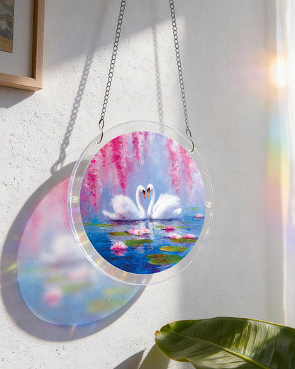 Swans in Blossom Lake - Acrylic Window Suncatcher