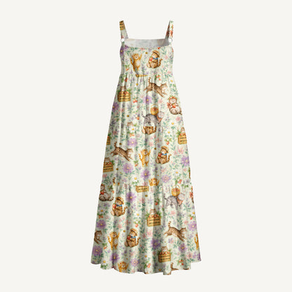Cottage Kittens Print Wide Straps Maxi Dress With Pockets