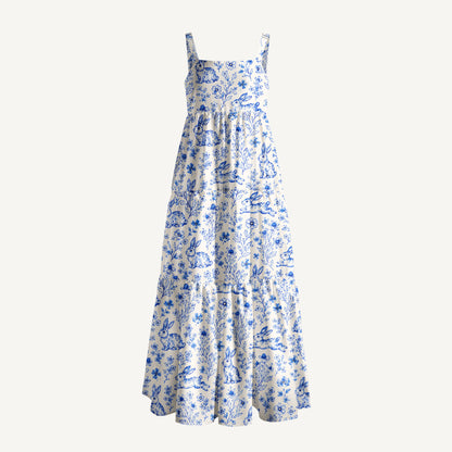 Blue Meadow Bunnies Print Wide Straps Maxi Dress With Pockets