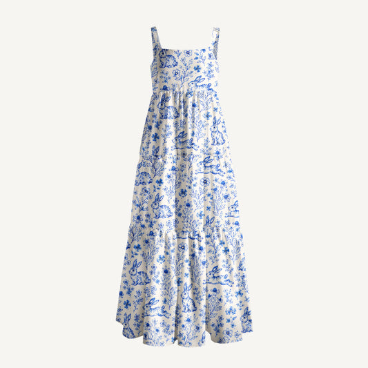 Blue Meadow Bunnies Print Wide Straps Maxi Dress With Pockets