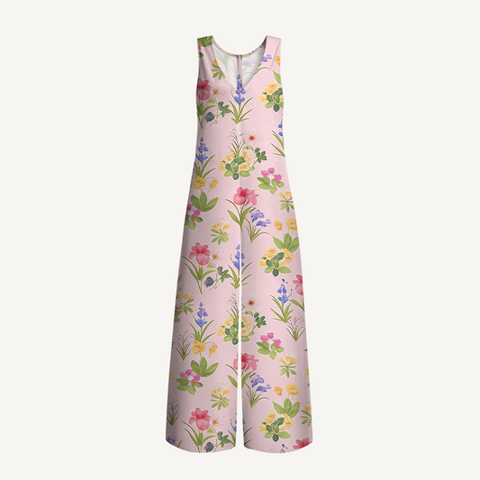V-Neck Delicate Blossom Boho Jumpsuit with Pockets for Women