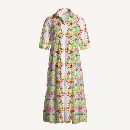 V Neck Collared Elegant Garden Casual Floral Midi Dress With Pockets