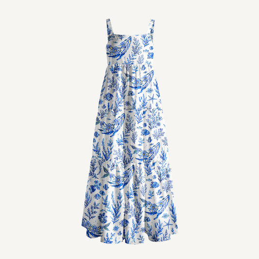 Delft Blue Coastal Garden Print Wide Straps Maxi Dress With Pockets