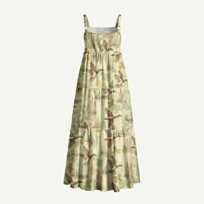 Flying Mallard Duck Print Wide Straps Maxi Dress With Pockets