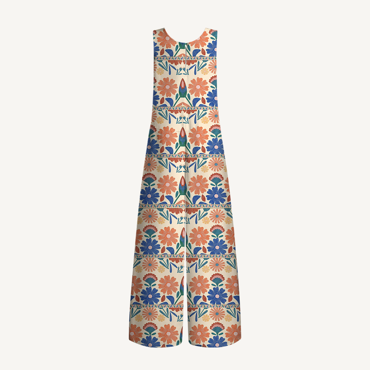 V-Neck Bohemian Folk Floral Stripe Jumpsuit with Pockets for Women