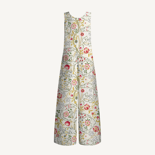 V-Neck Peony Vine Garden Jumpsuit with Pockets for Women