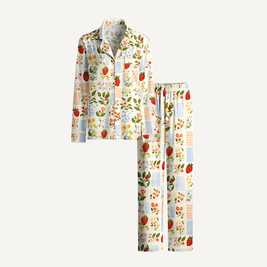 Strawberry Garden Patchwork Print Long Pajama Set