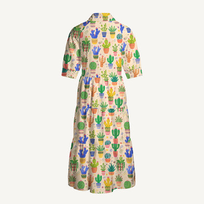 V Neck Collared Colorful Cactus Garden In Pots Print Casual Midi Dress With Pockets