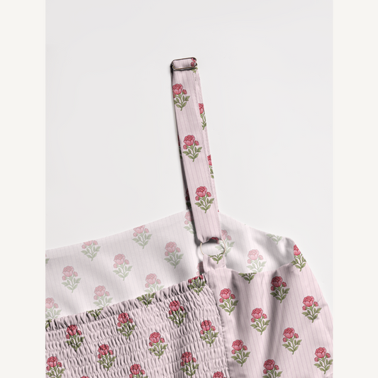 Square Neck Misty Rose Garden Print Wide Straps Maxi Dress With Pockets
