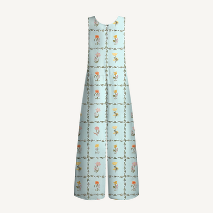 V-Neck Sunny Garden Tiles Boho Jumpsuit with Pockets for Women