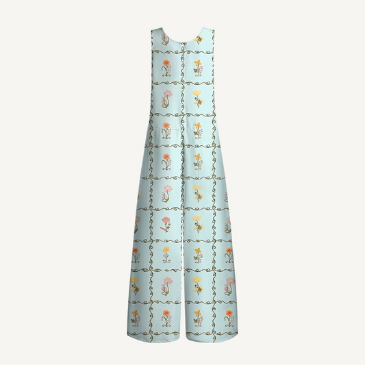 V-Neck Sunny Garden Tiles Boho Jumpsuit with Pockets for Women