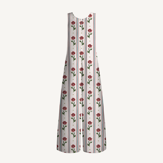 V-Neck Crimson Dianthus Boho Jumpsuit with Pockets for Women