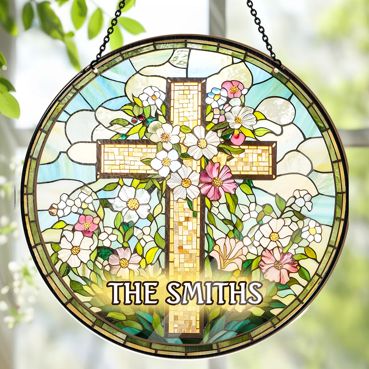 Christian Cross Wildflower - Personalized Window Hanging Suncatcher
